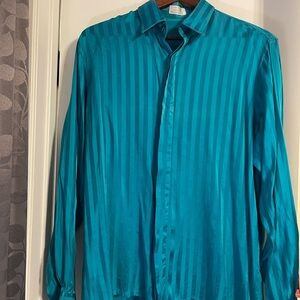 Vintage Genelli 100% Silk Button Up Shirt Mens L Tone On Tone Striped Teal